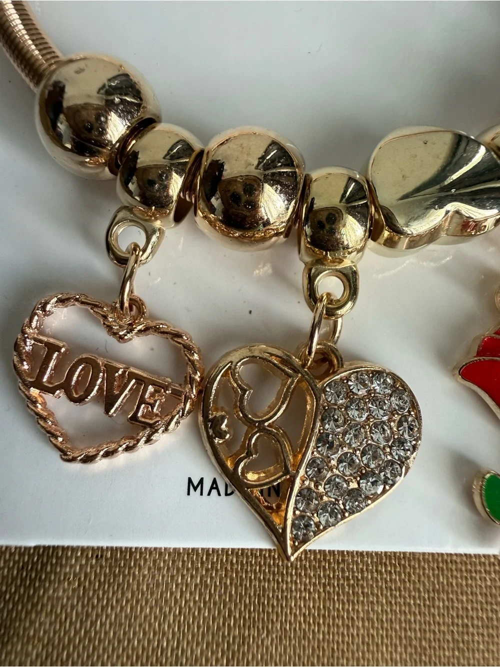 Gold-Tone Charm Bracelet with Red Rose and Heart Charms